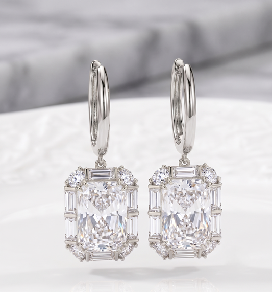 Radiant Emerald-Cut Halo Drop Silver Earrings