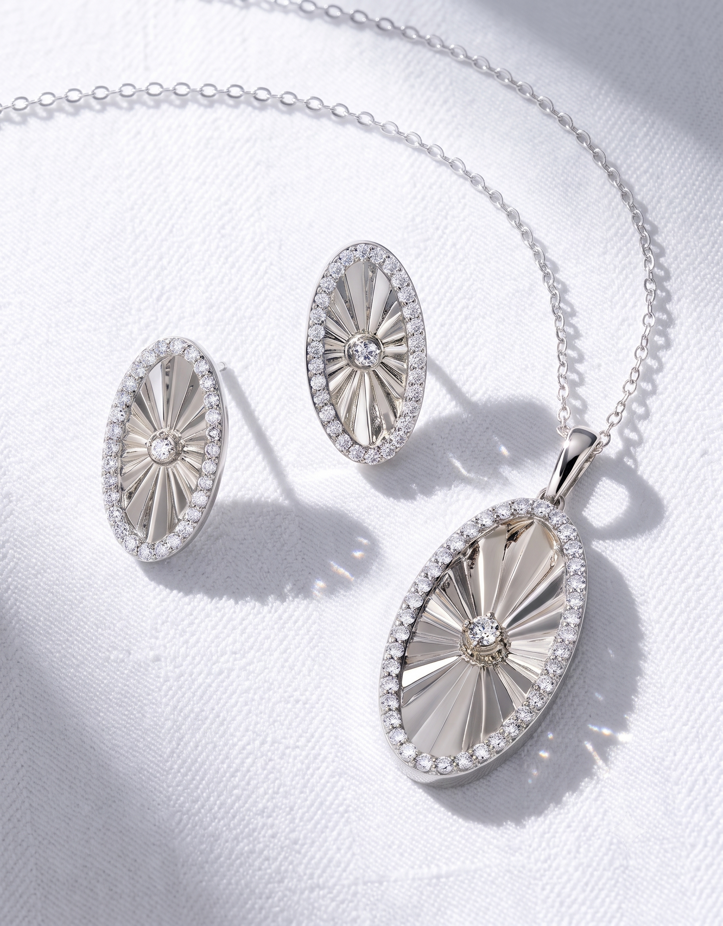 Sterling Silver Sunburst Halo Pendant Set