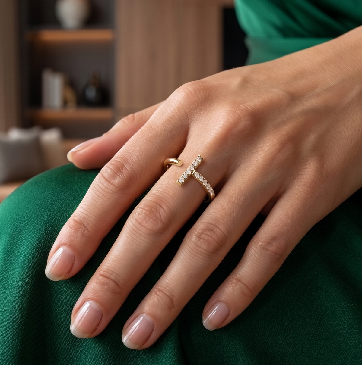 925 Sterling Silver Pave T-Bar Open Ring