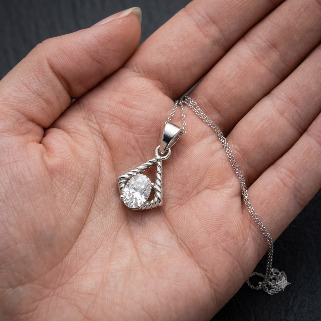 Oval Solitaire Twisted Chevron Silver Chain Pendant