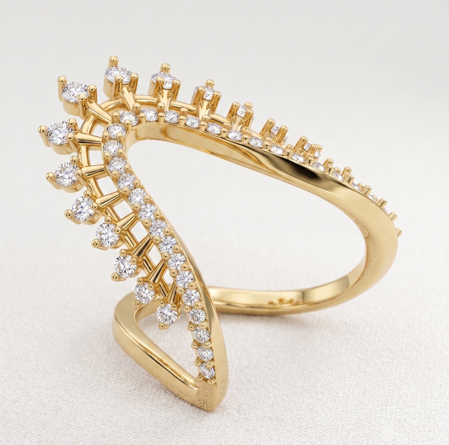 A silver-toned ring featuring a sweeping, open triangular design