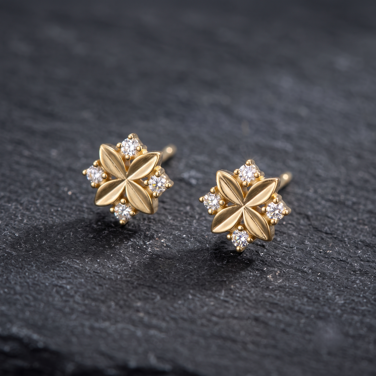 Brushed Silver Four-Petal Floral Stud Earrings