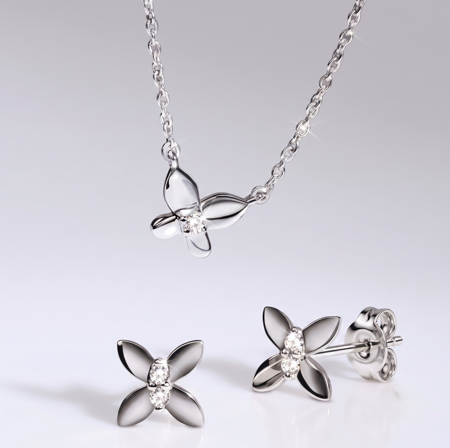 925 Sterling Silver Minimalist Four-Petal Flower Set