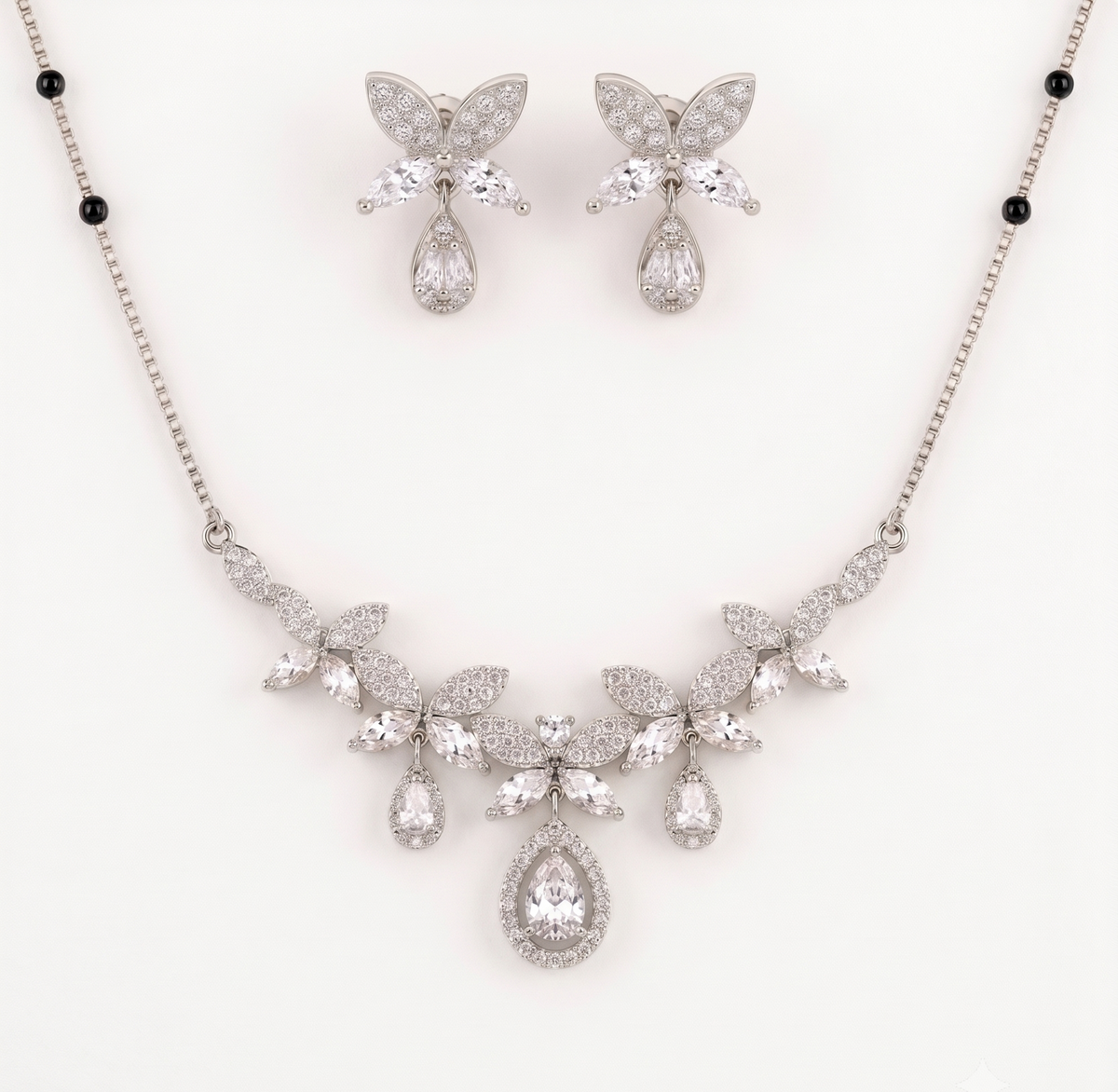 Silver Marquise and Pear Drop Mangalsutra Set