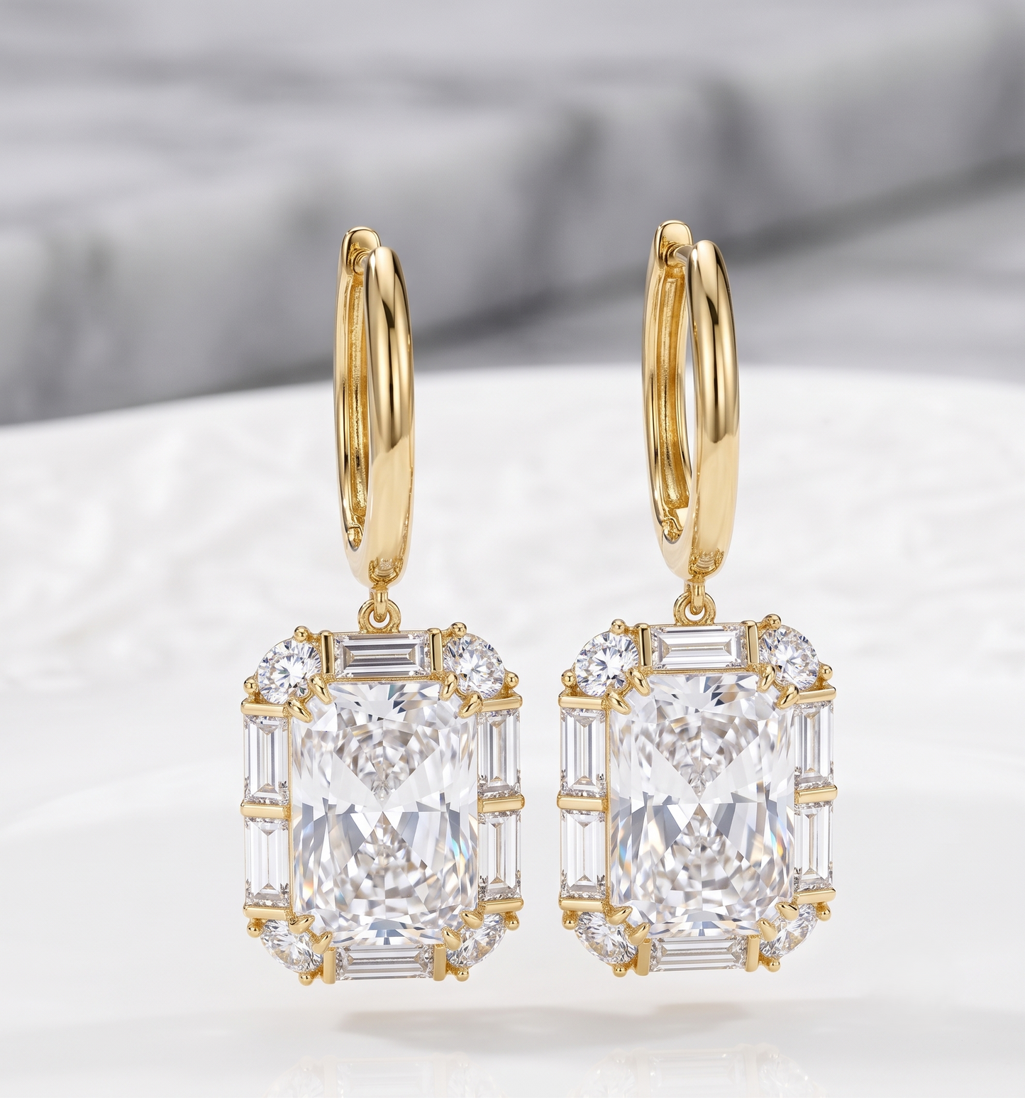 Radiant Emerald-Cut Halo Drop Silver Earrings