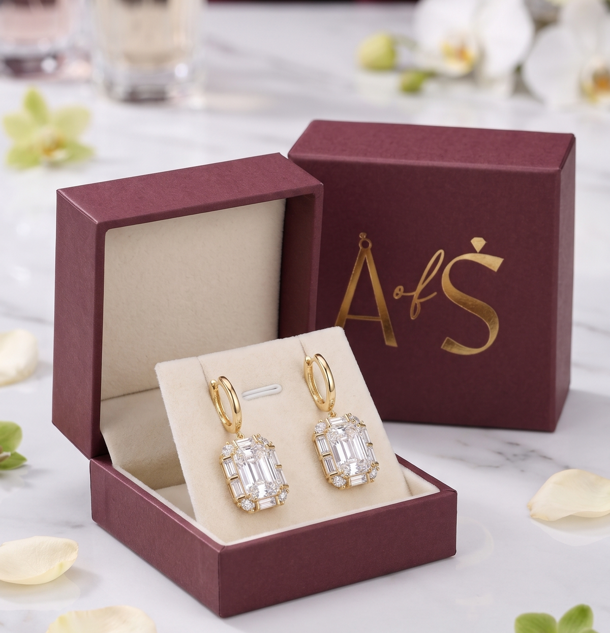 Radiant Emerald-Cut Halo Drop Silver Earrings