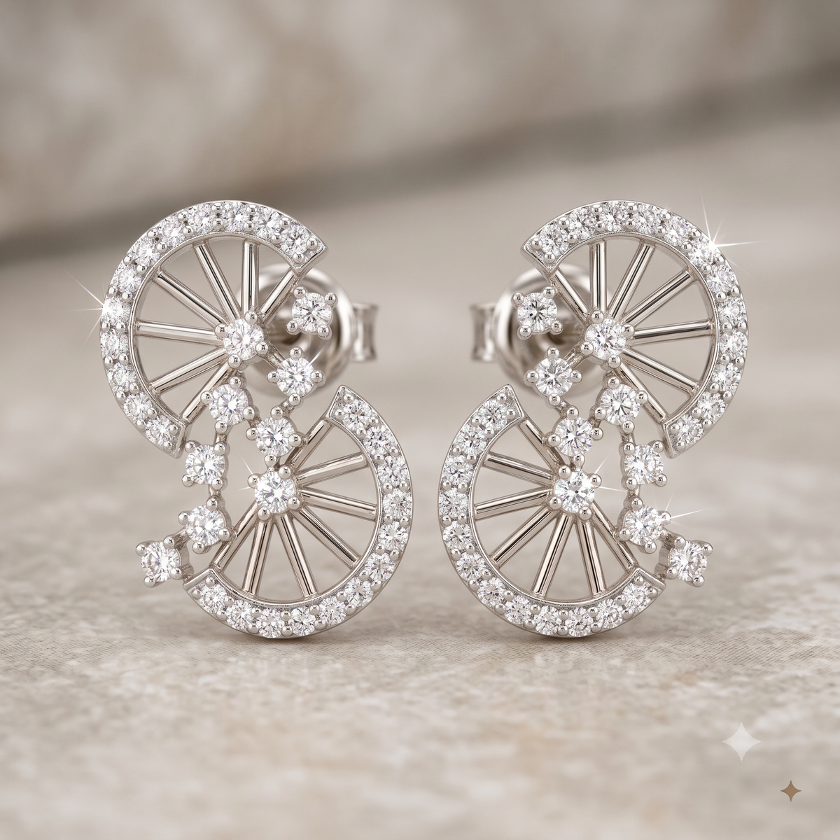 925 Sterling Silver Art Deco Double Fan Stud Earrings