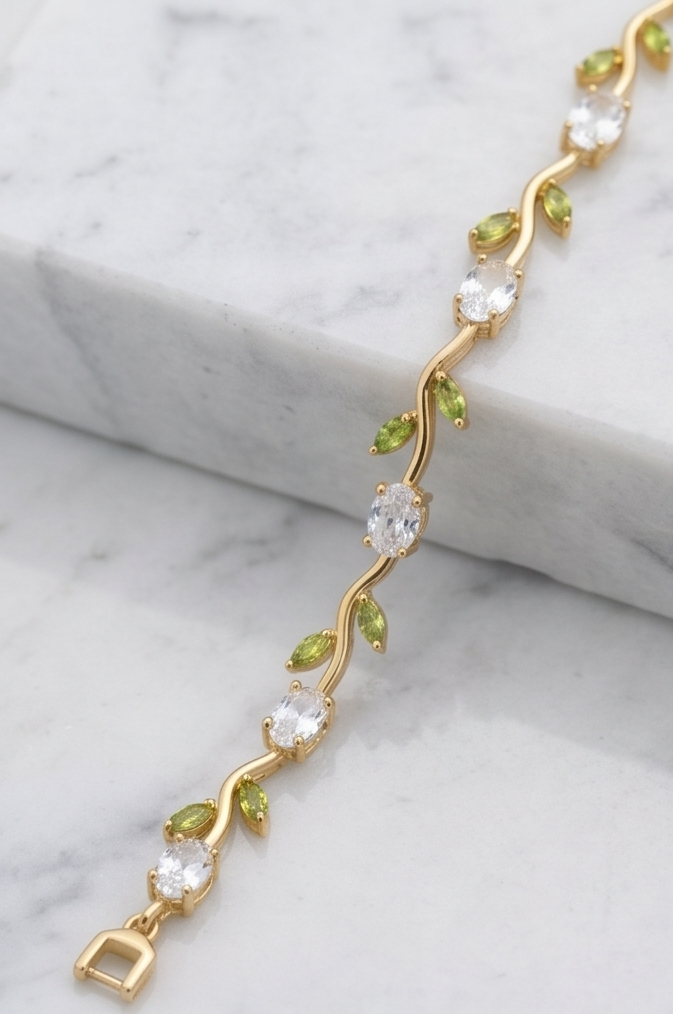 Wavy Leaf and Vine Gemstone Link Silver Bracelet