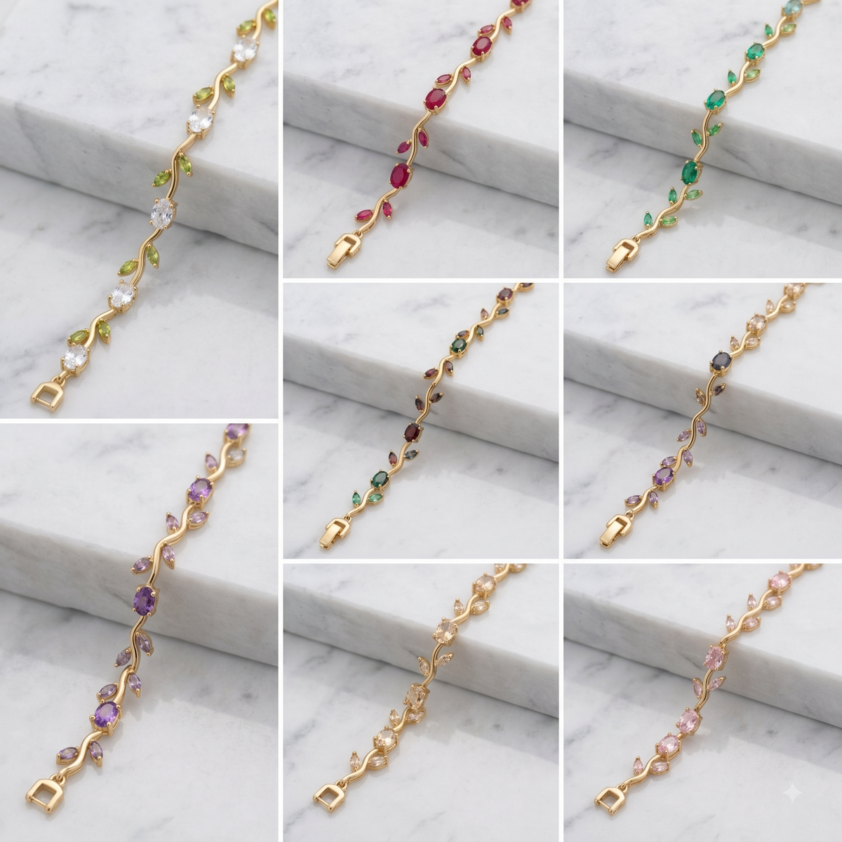 Wavy Leaf and Vine Gemstone Link Silver Bracelet