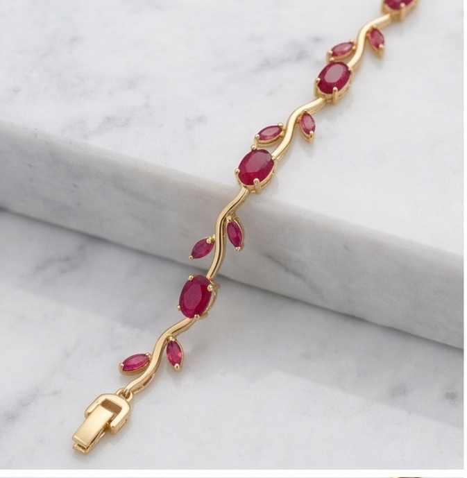 Wavy Leaf and Vine Gemstone Link Silver Bracelet