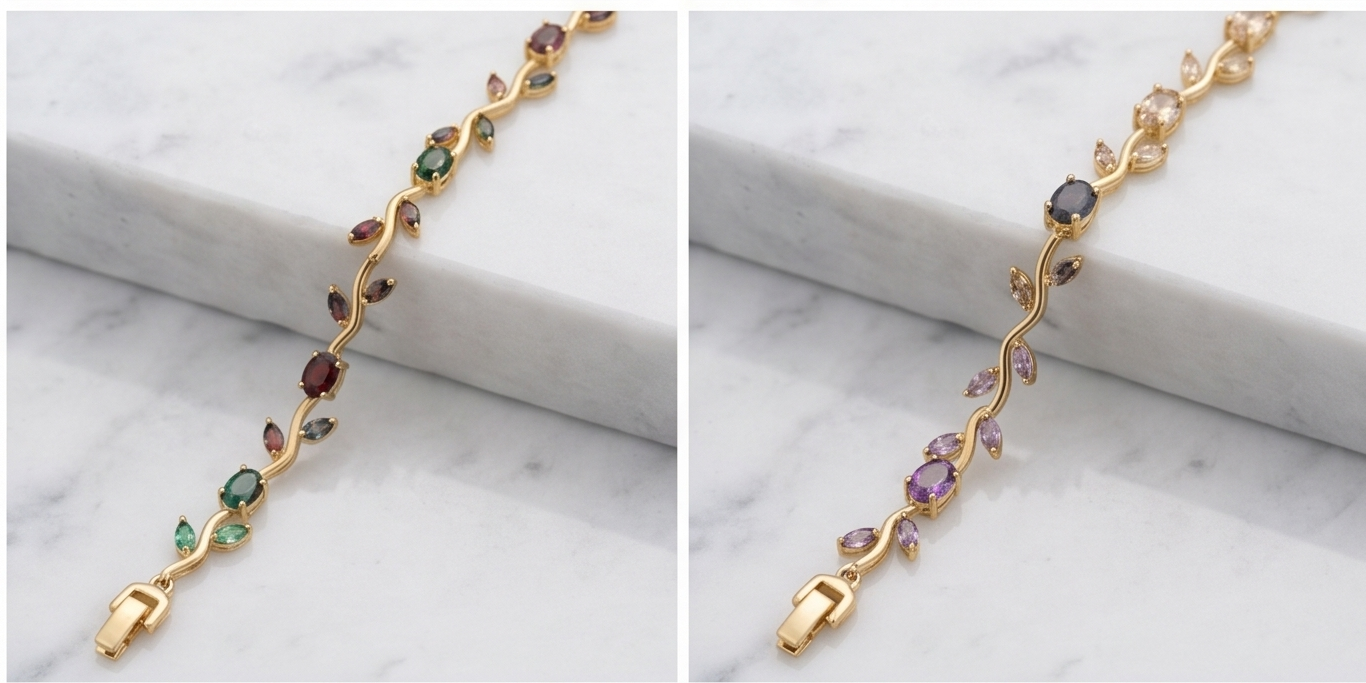 Wavy Leaf and Vine Gemstone Link Silver Bracelet