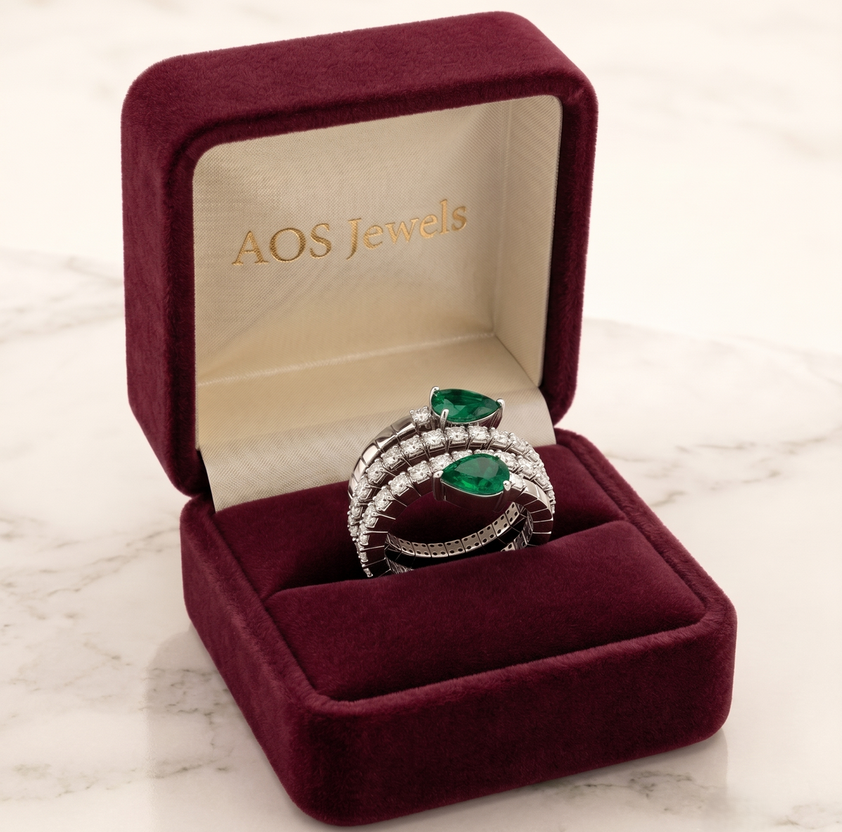 Luminous Pear Emerald & Pavé Silver Spiral Ring