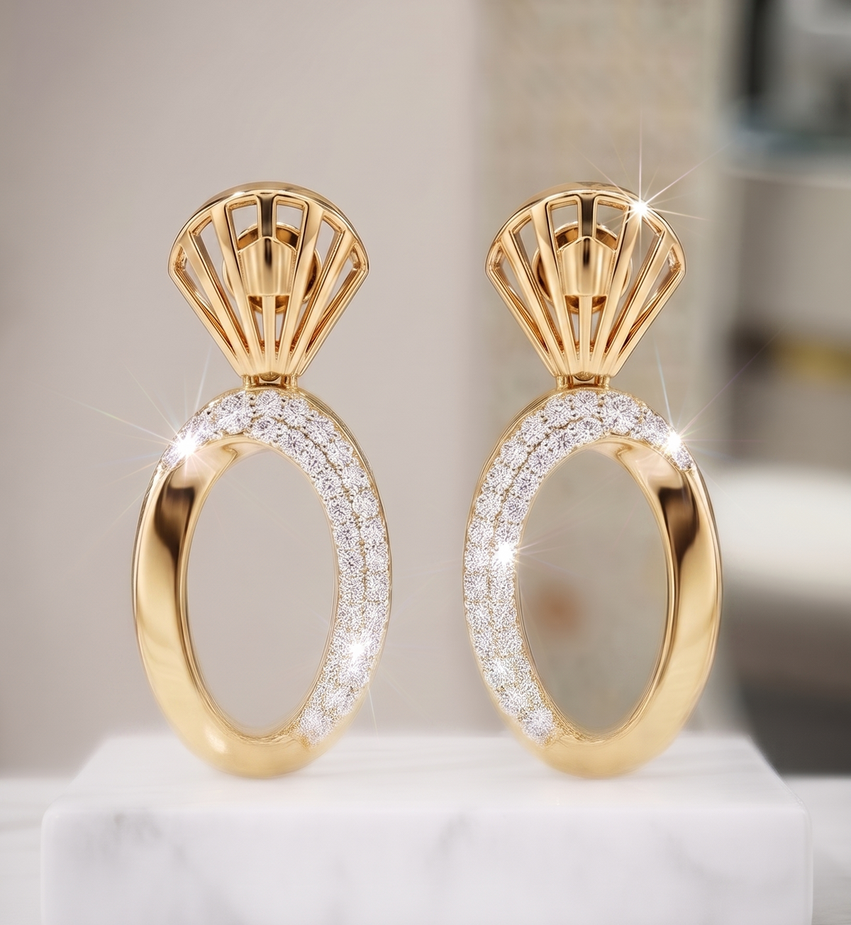 Modernist Crown & Stardust Oval Dangle Silver Earrings