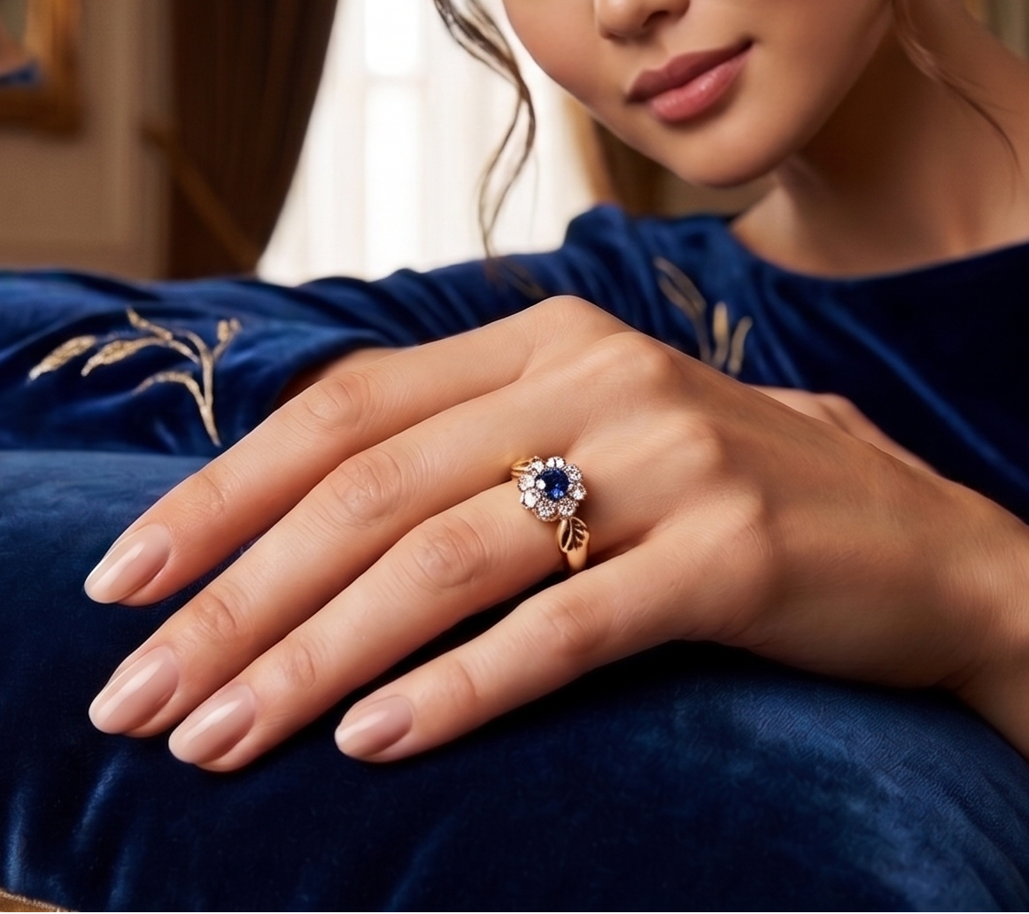 Sterling Silver Blue Sapphire Floral Halo Ring