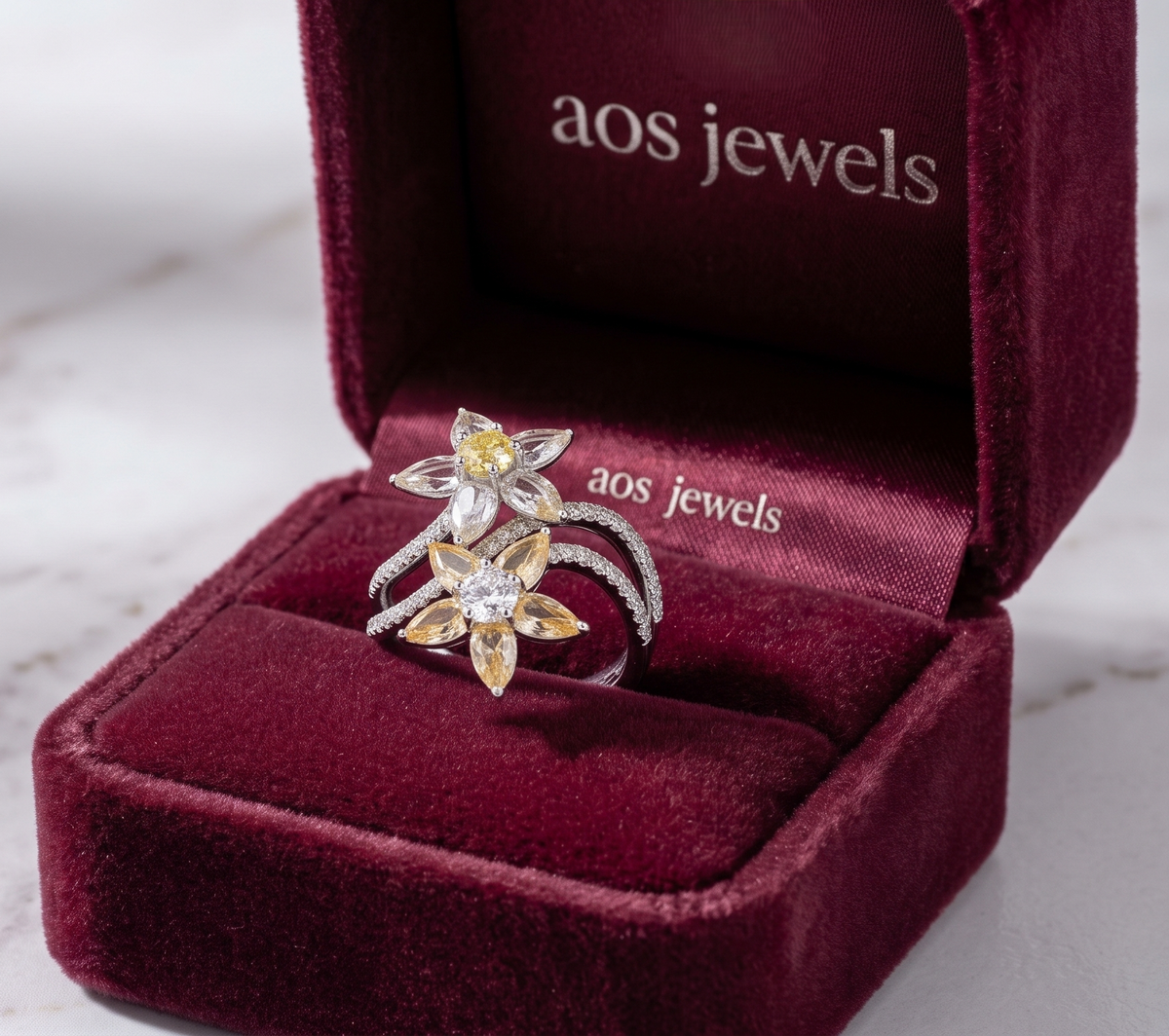 925 Sterling Silver Double Radiant Twin Flower Silver Ring