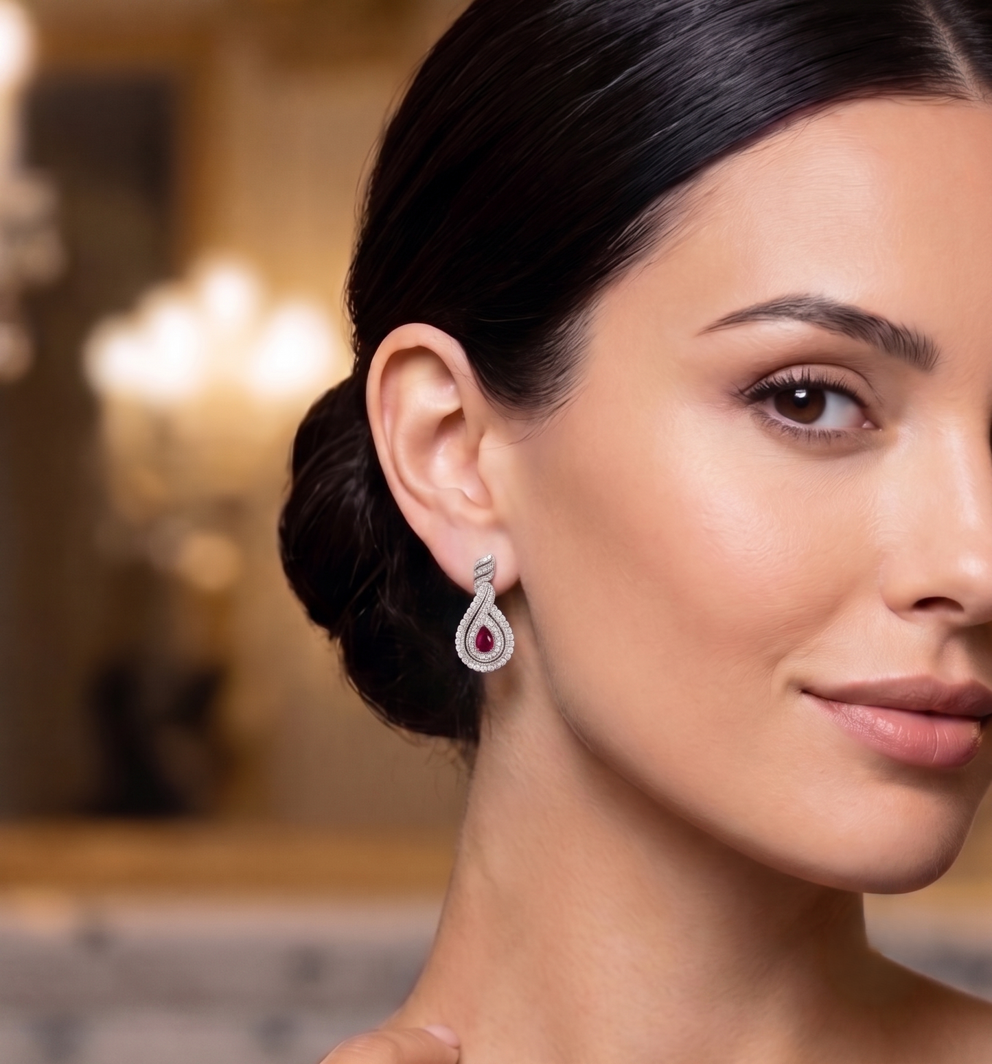 Silver Teardrop Ruby and moissanite Halo Drop Earrings