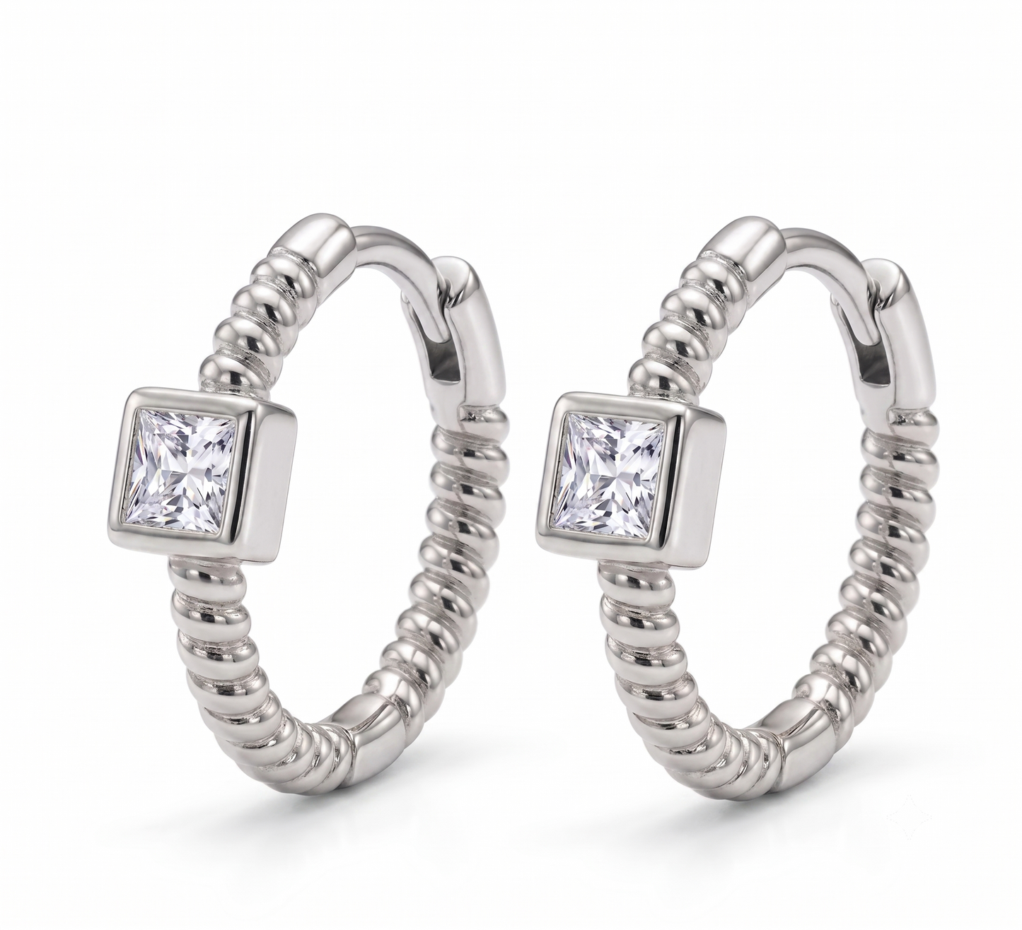 Bezel-Set Princess Cut Square Stone Silver Hoops