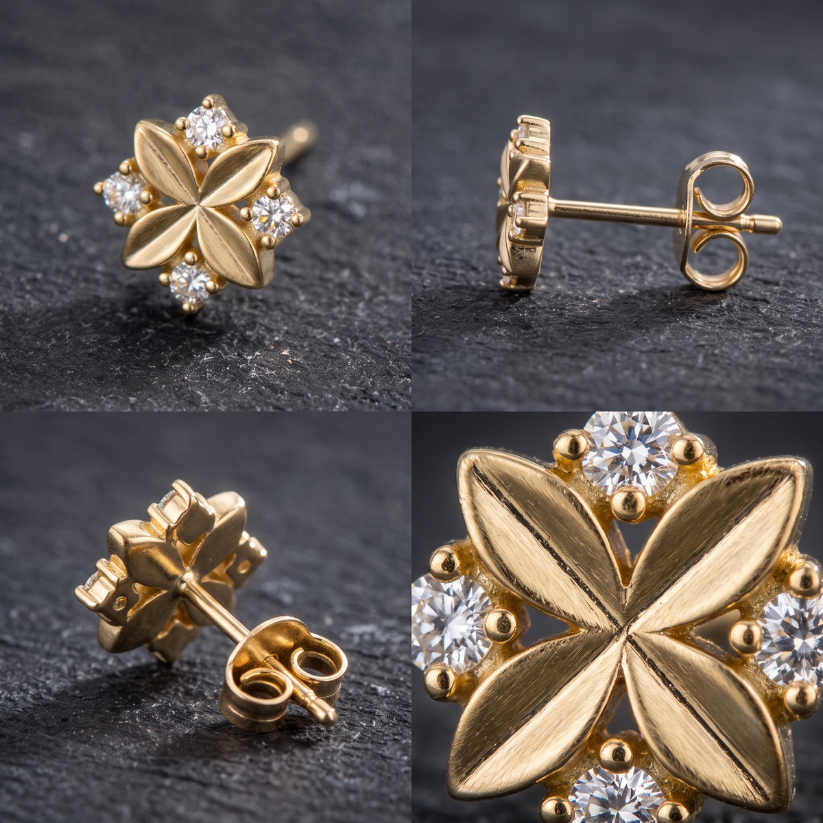 Brushed Silver Four-Petal Floral Stud Earrings