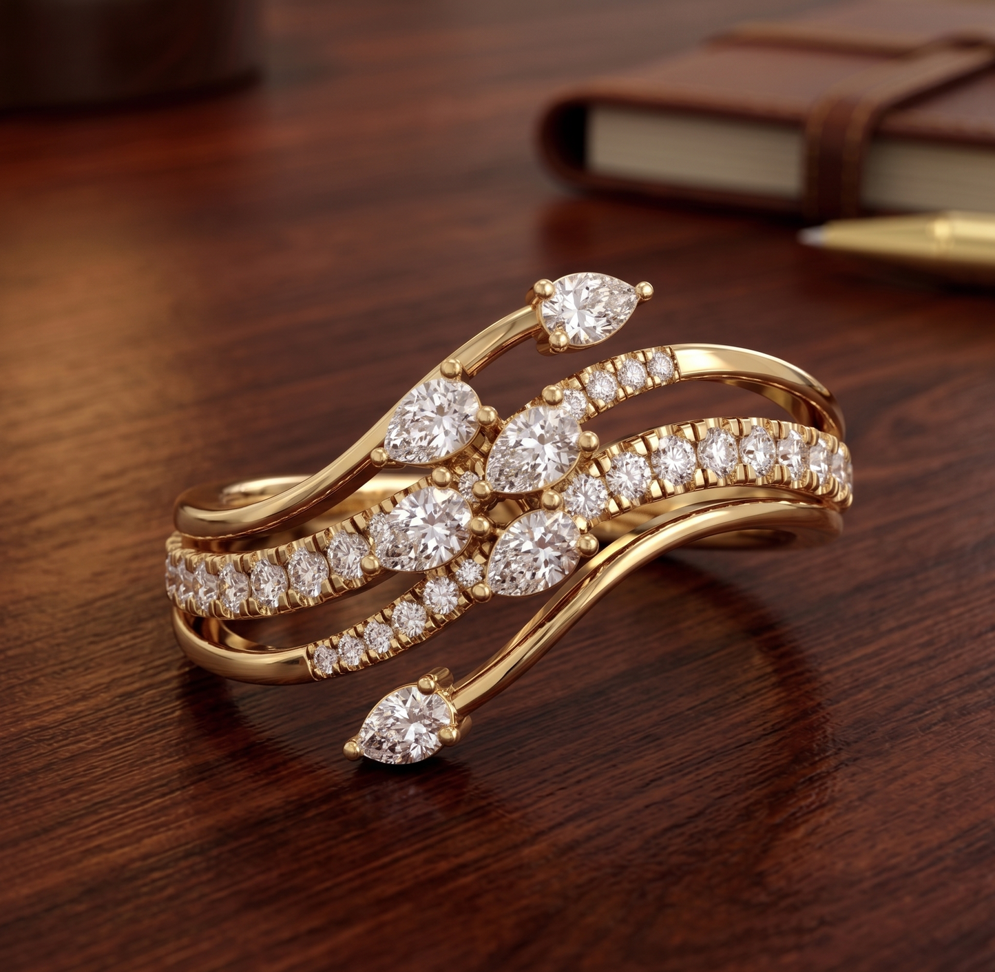 Silver Crossover Ring with Pavé and Teardrop Stones