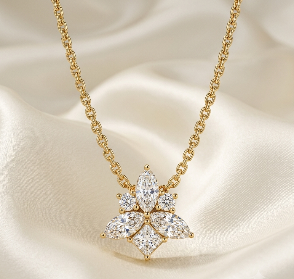 Sparkle Marquise & Princess Cut Star Flower Silver Chain Pendant