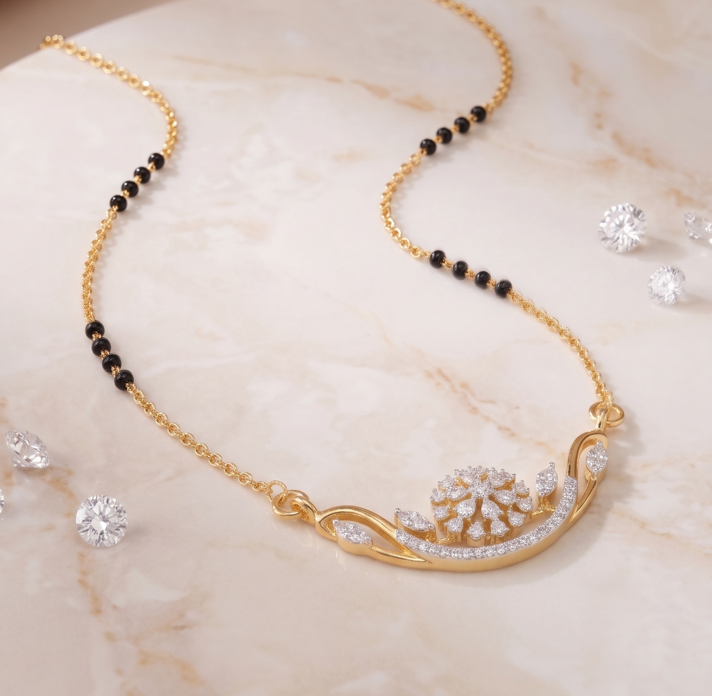 Sterling Silver Flower and Leaf Arc Mangalsutra