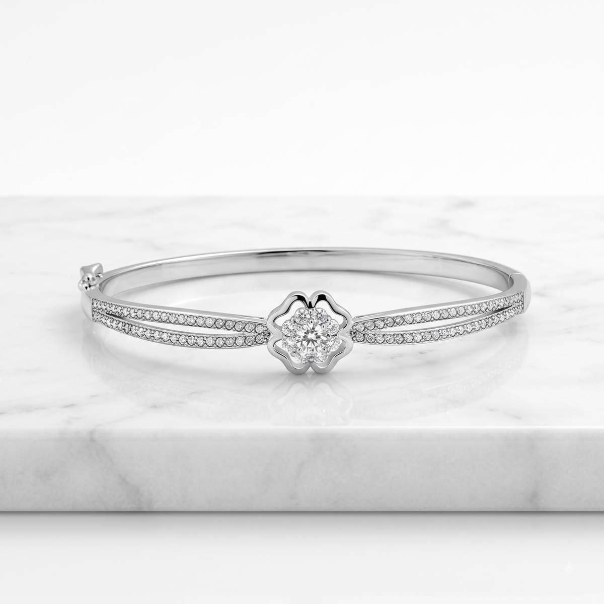 Sterling Silver Pavé Clover Hinged Bracelet