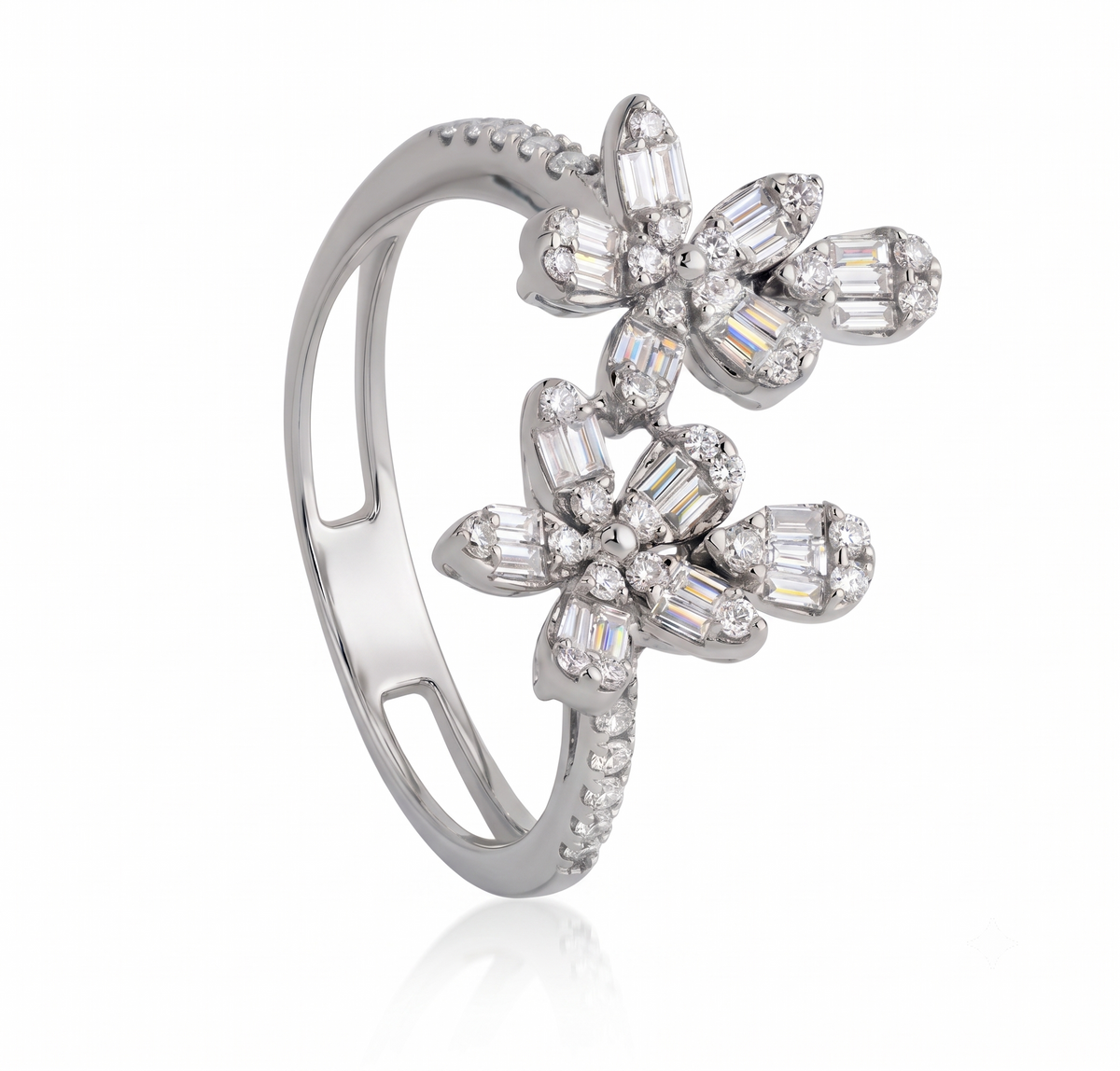 Sterling Silver Baguette Floral Duo Ring