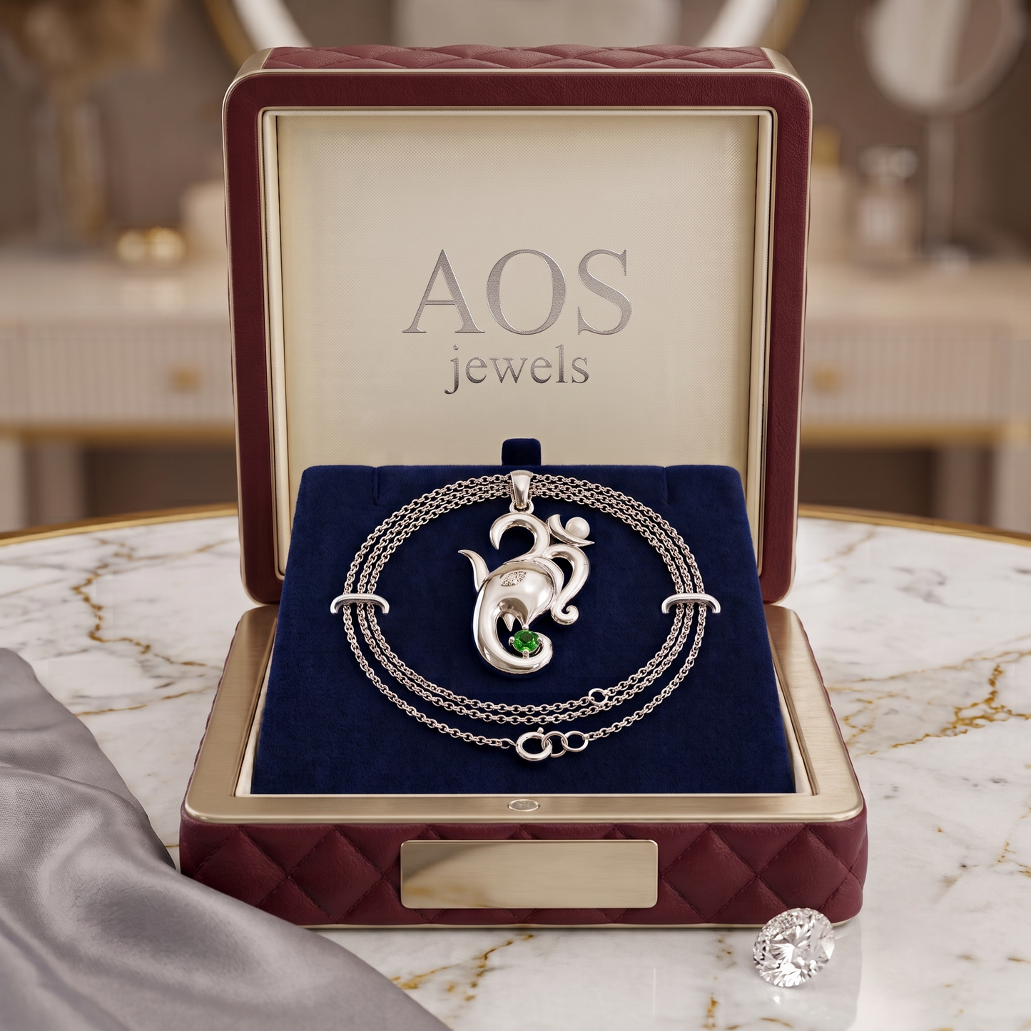 Om Ganesha Silver Pendant with Green Gemstone
