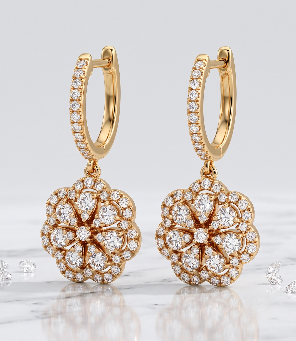 925 Sterling Silver Pave Hoop Floral Drop Earrings