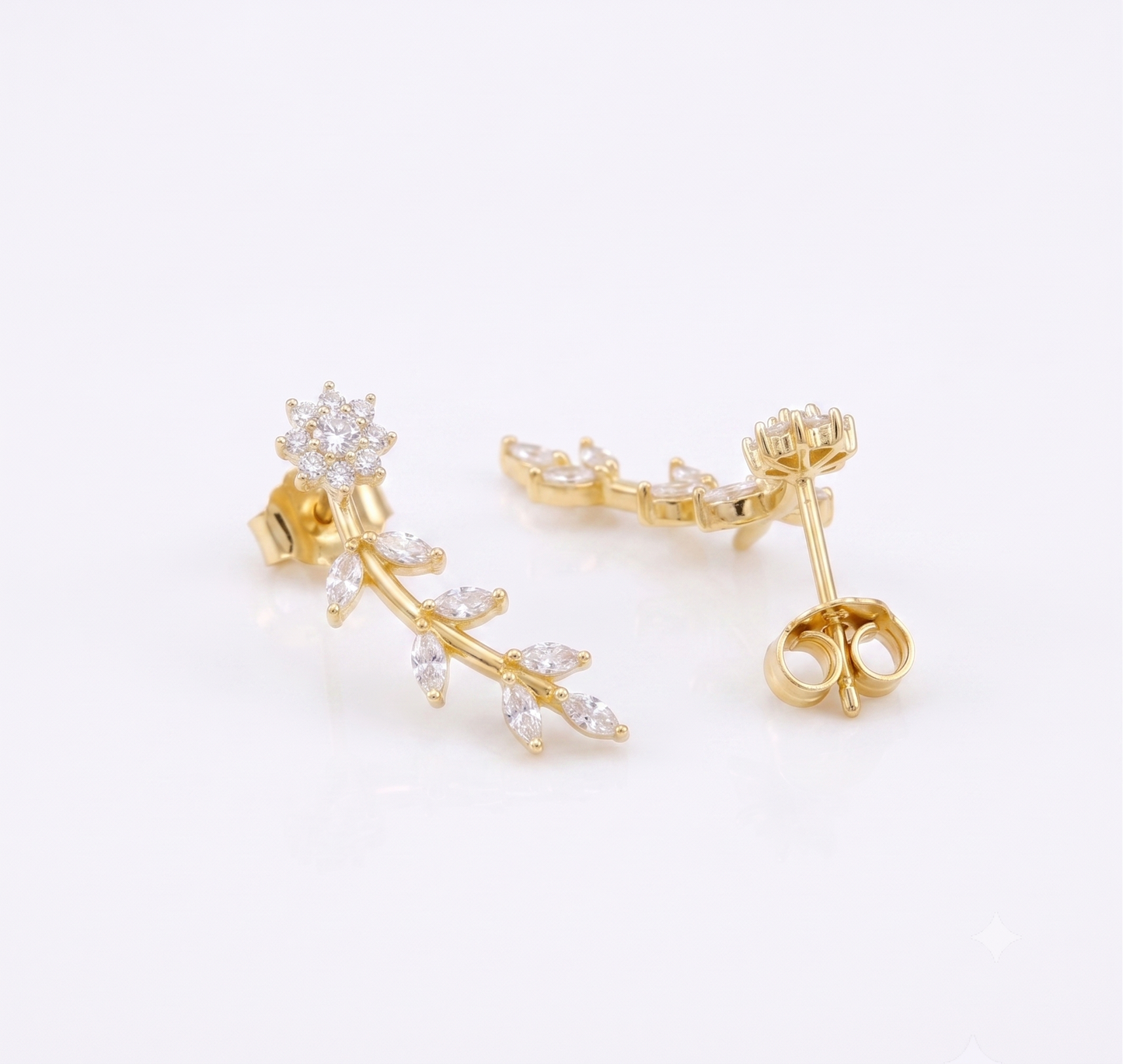 Silver Floral Vine Ear Climbers with Marquise Leaves