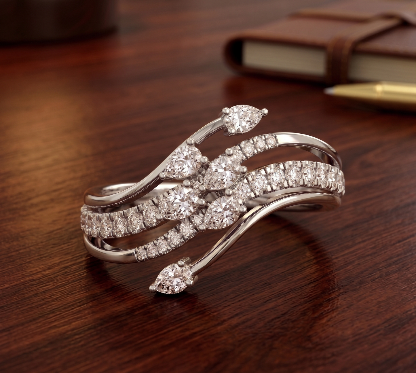 Silver Crossover Ring with Pavé and Teardrop Stones