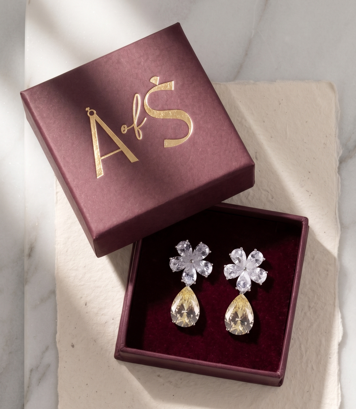 Sterling Silver Floral Drop Earrings with Yellow Teardrop