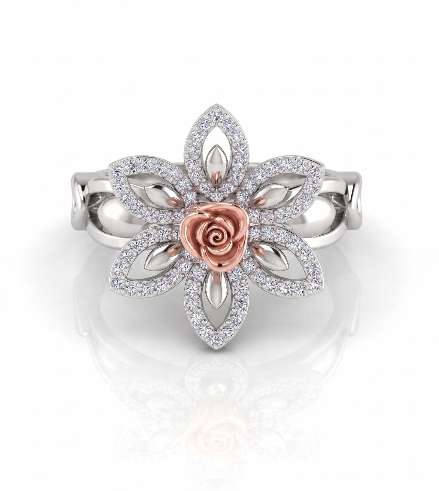 Two-Tone Silver and Rose Gold Floral moissanite Ring