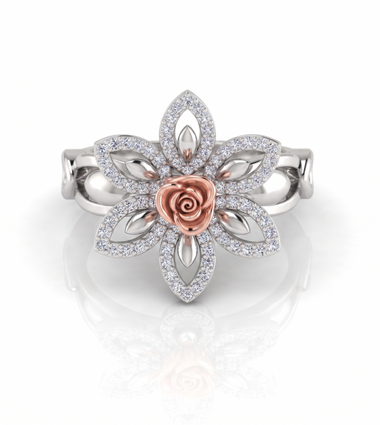 Two-Tone Silver and Rose Gold Floral moissanite Ring