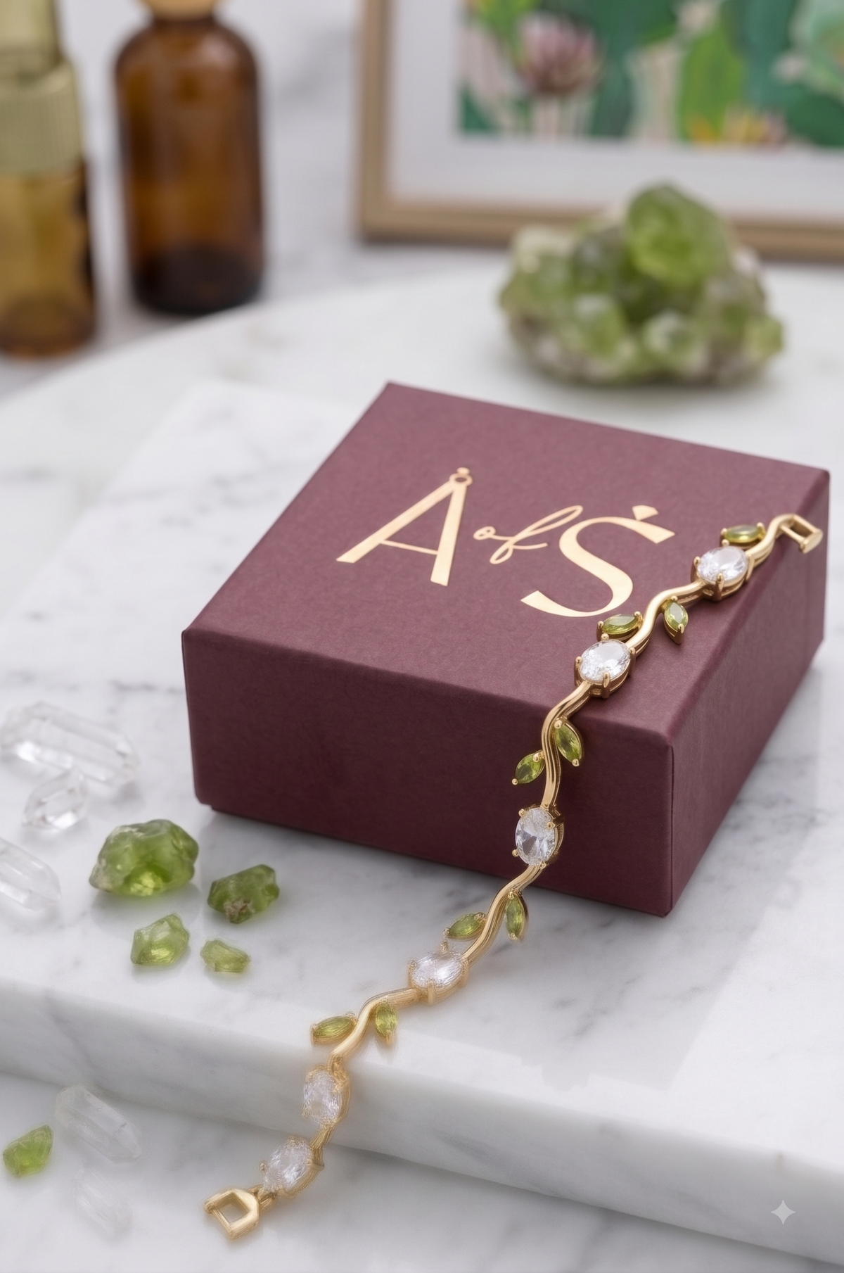Wavy Leaf and Vine Gemstone Link Silver Bracelet
