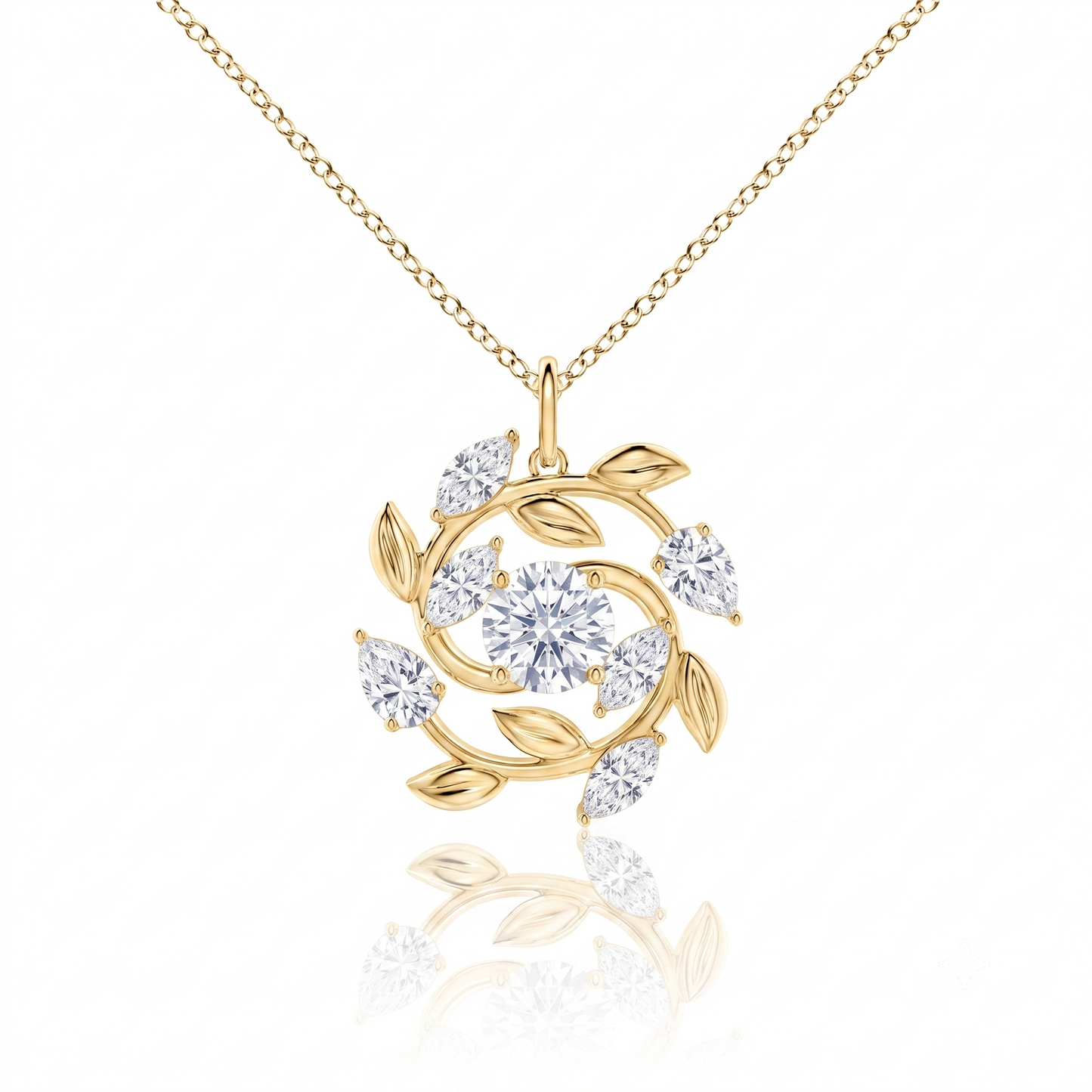 A silver-tone floral pendant necklace round stones leaf-like swirls,