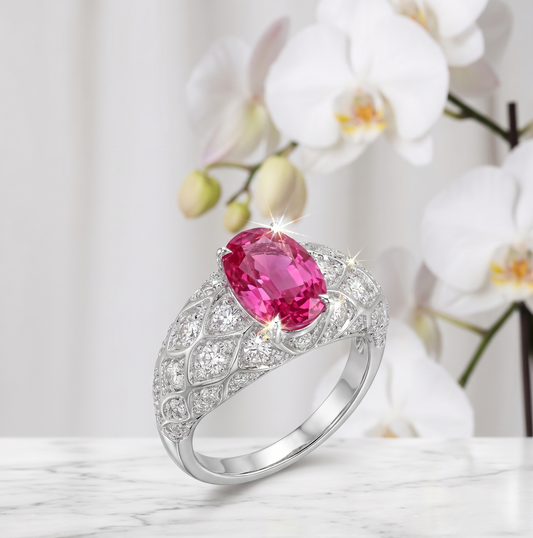Sterling Silver Quilted Dome Ring with Pink Oval Gemstone