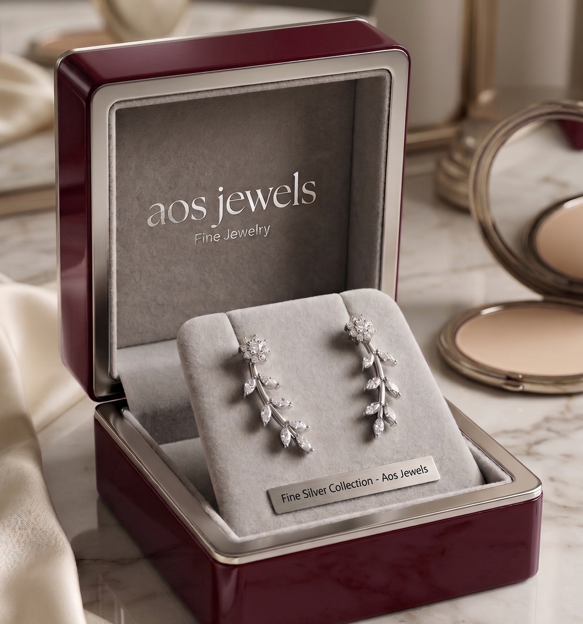 Silver Floral Vine Ear Climbers with Marquise Leaves