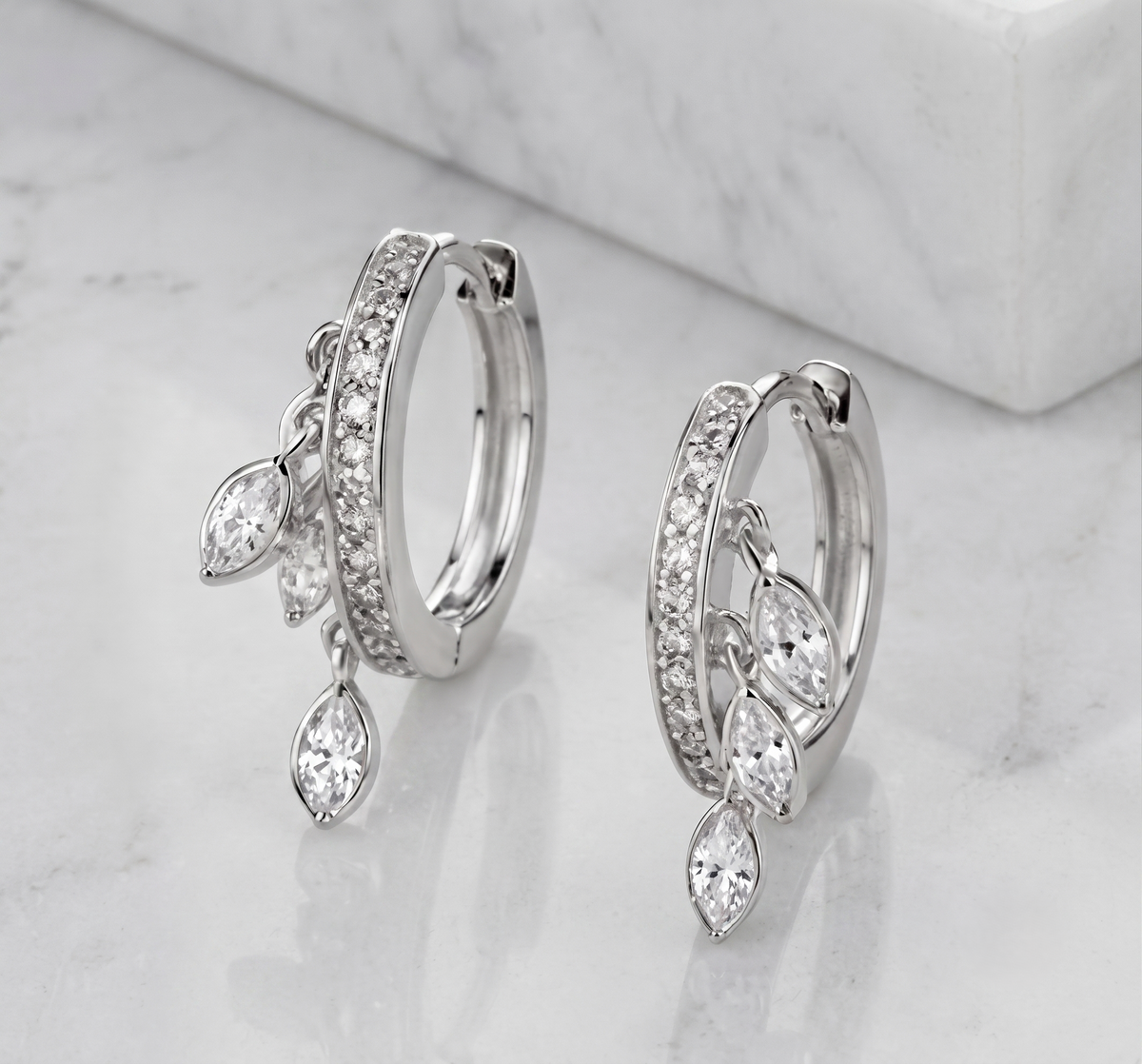 Silver Marquise Cluster Cascading Drop Huggies