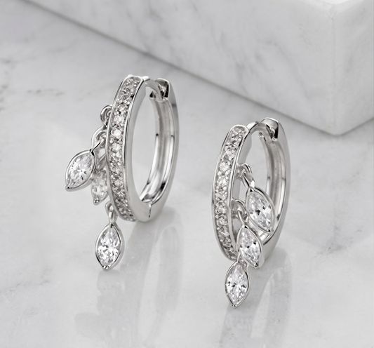 Silver Marquise Cluster Cascading Drop Huggies