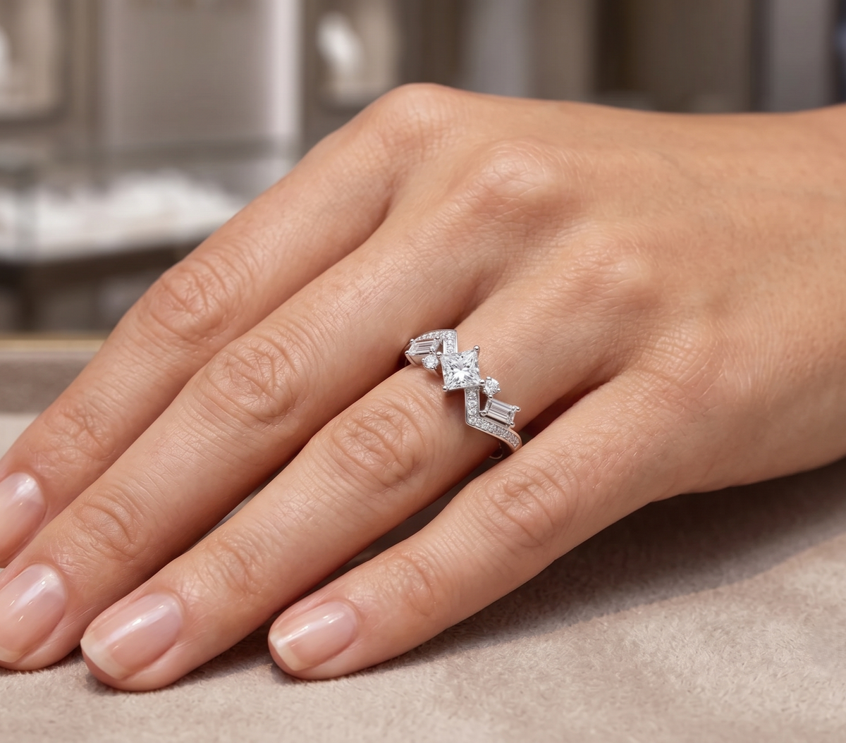 A Silver Princess Cut Geometric Ring