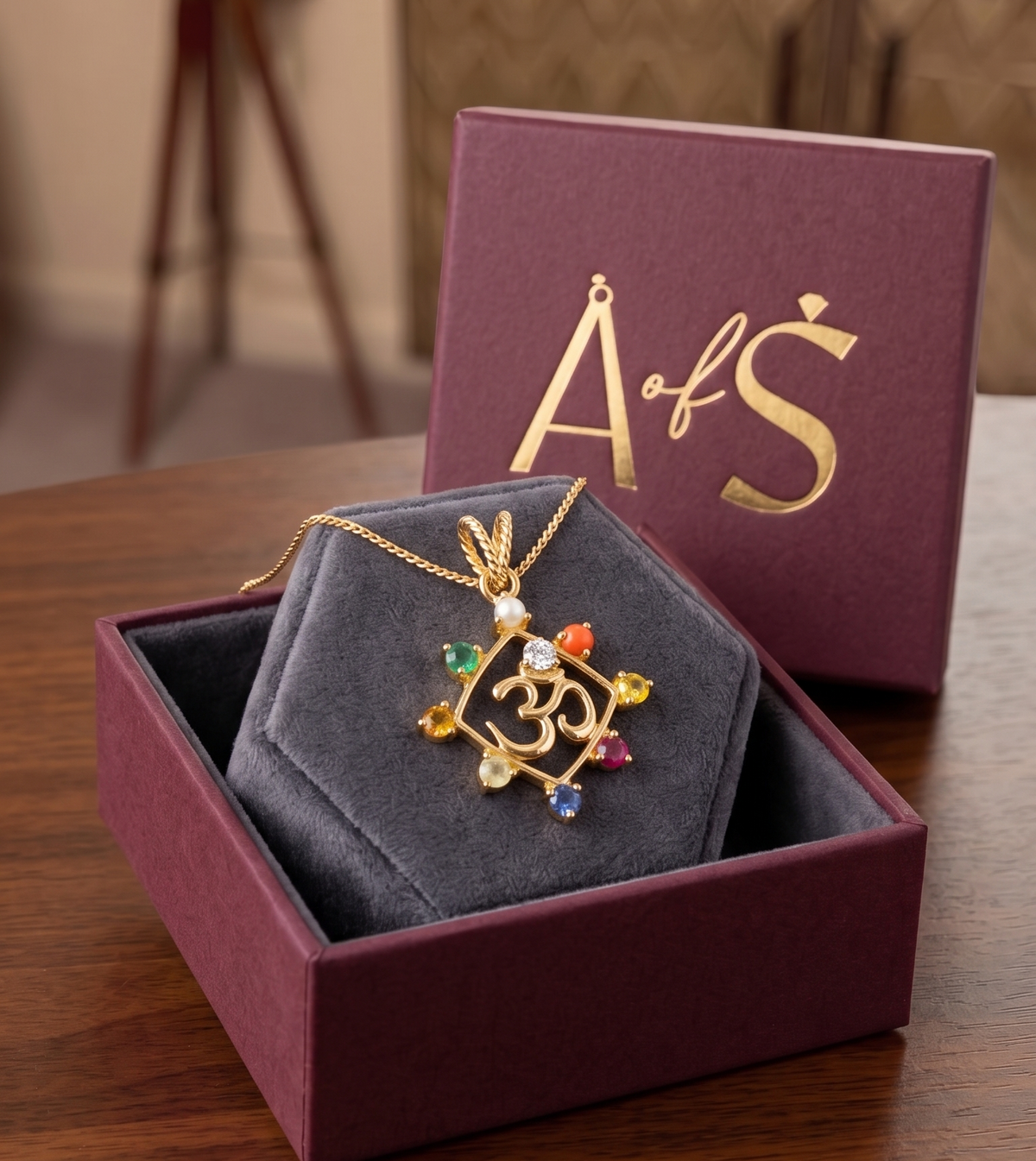Silver Rhombus Om Charm with 9 Gemstones