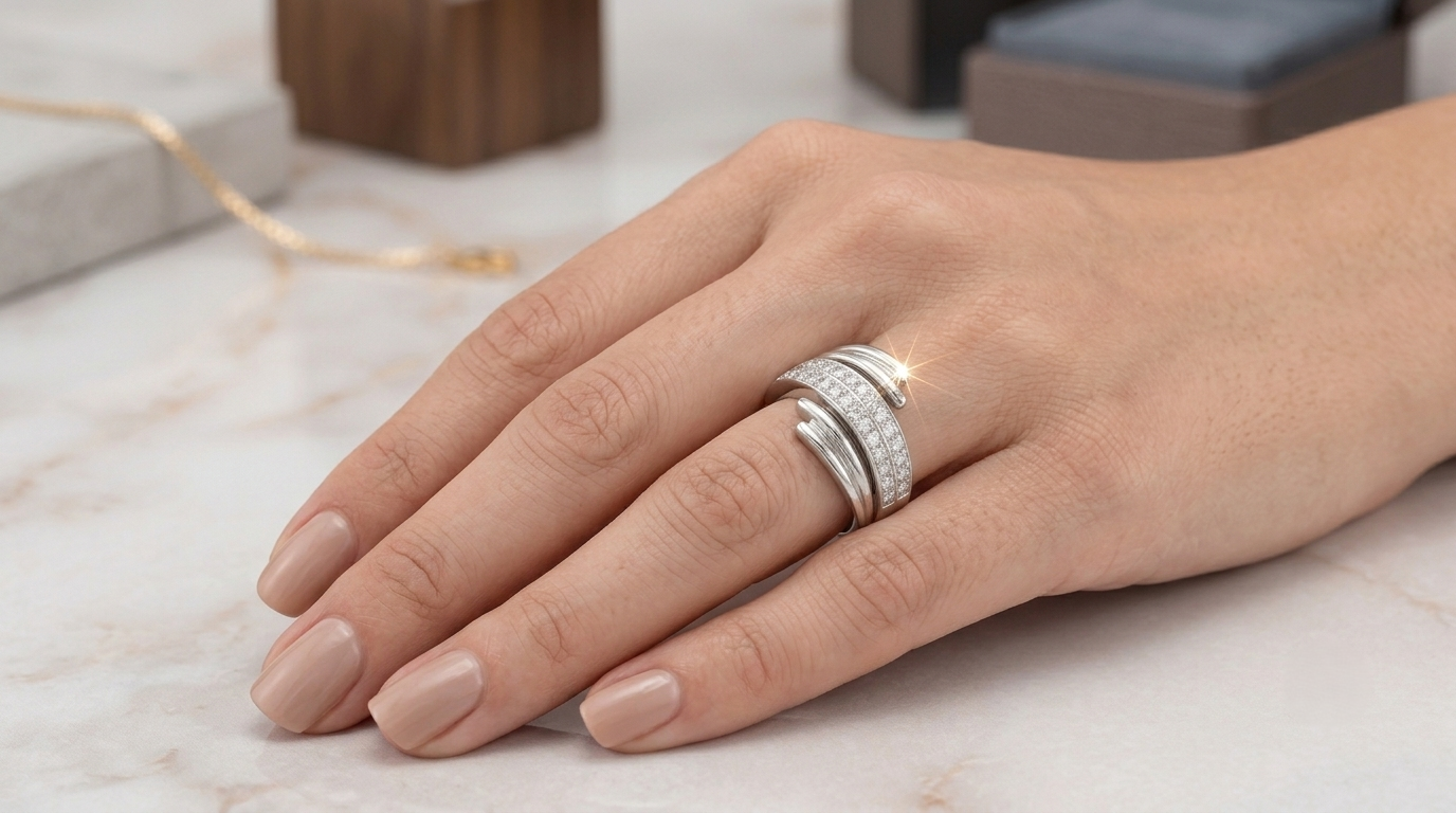 The silver wrap-style ring with three rows