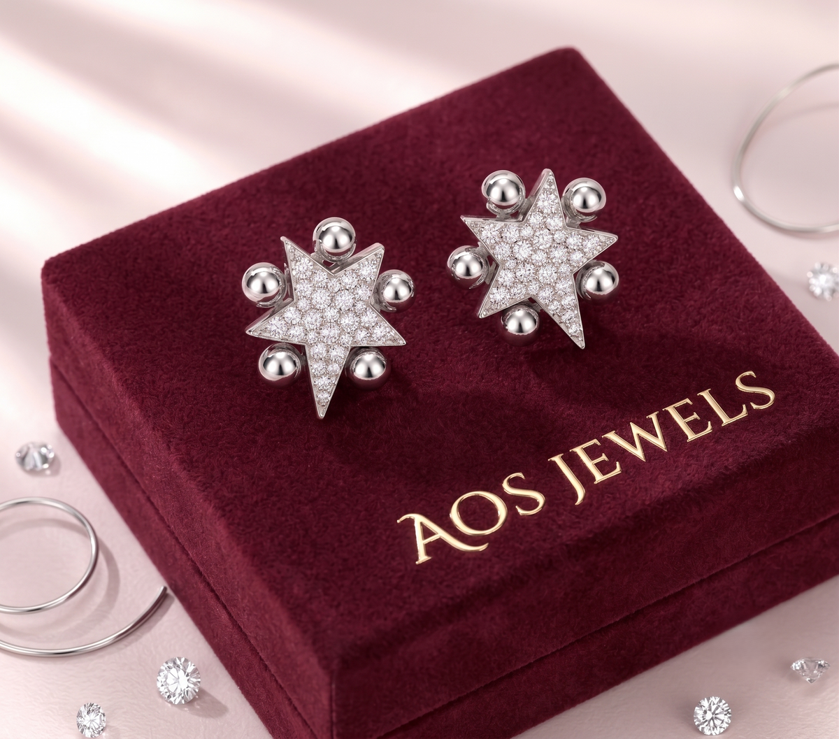 Six-Point Pave Star Beaded Stud Silver Earring