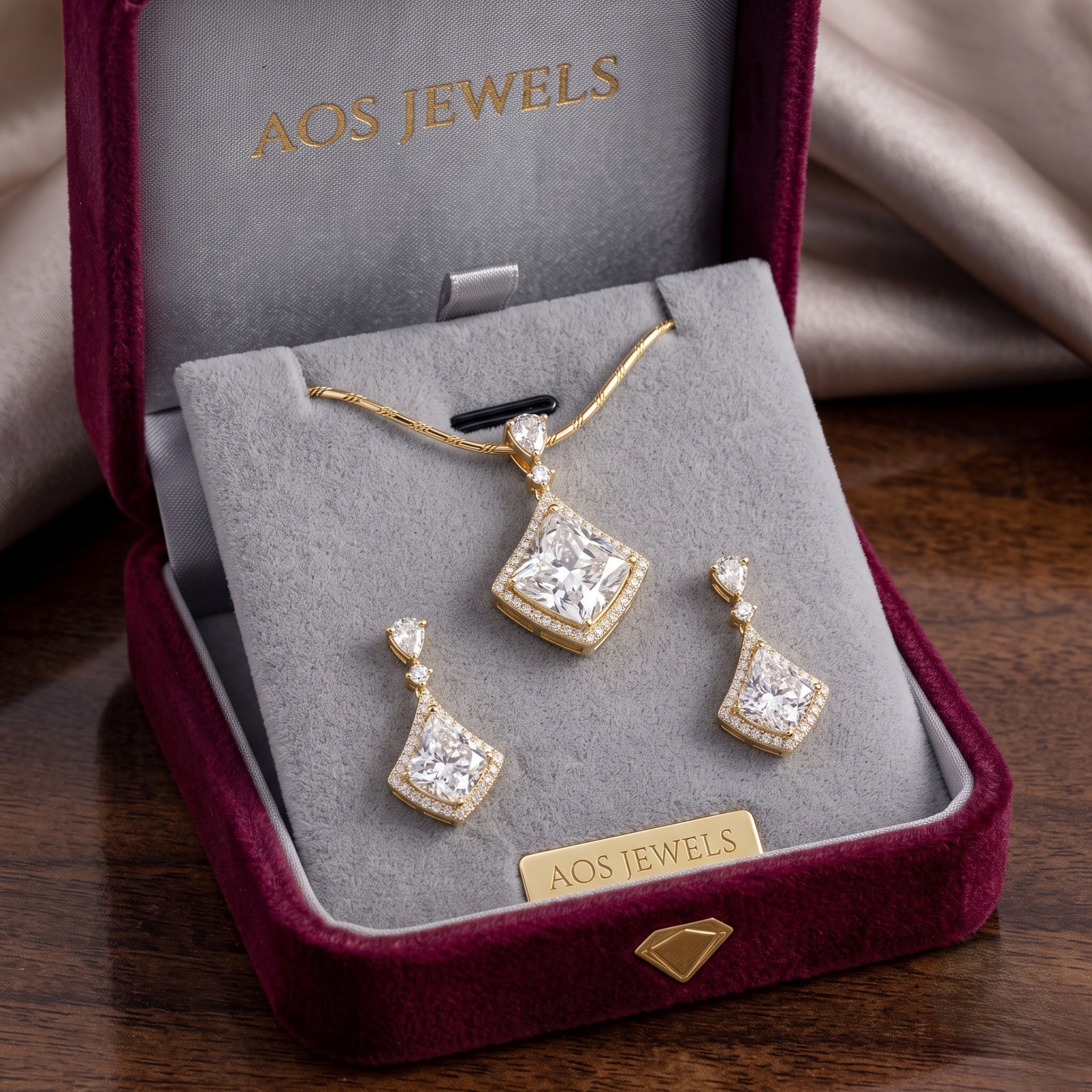 Sterling Silver Asscher-Cut Halo and Drop Pendant Set