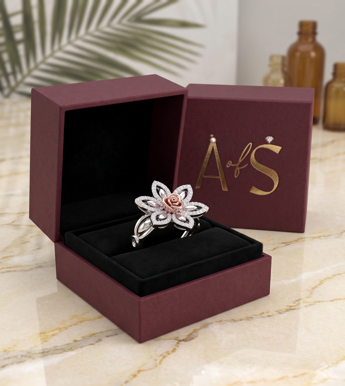 Two-Tone Silver and Rose Gold Floral moissanite Ring