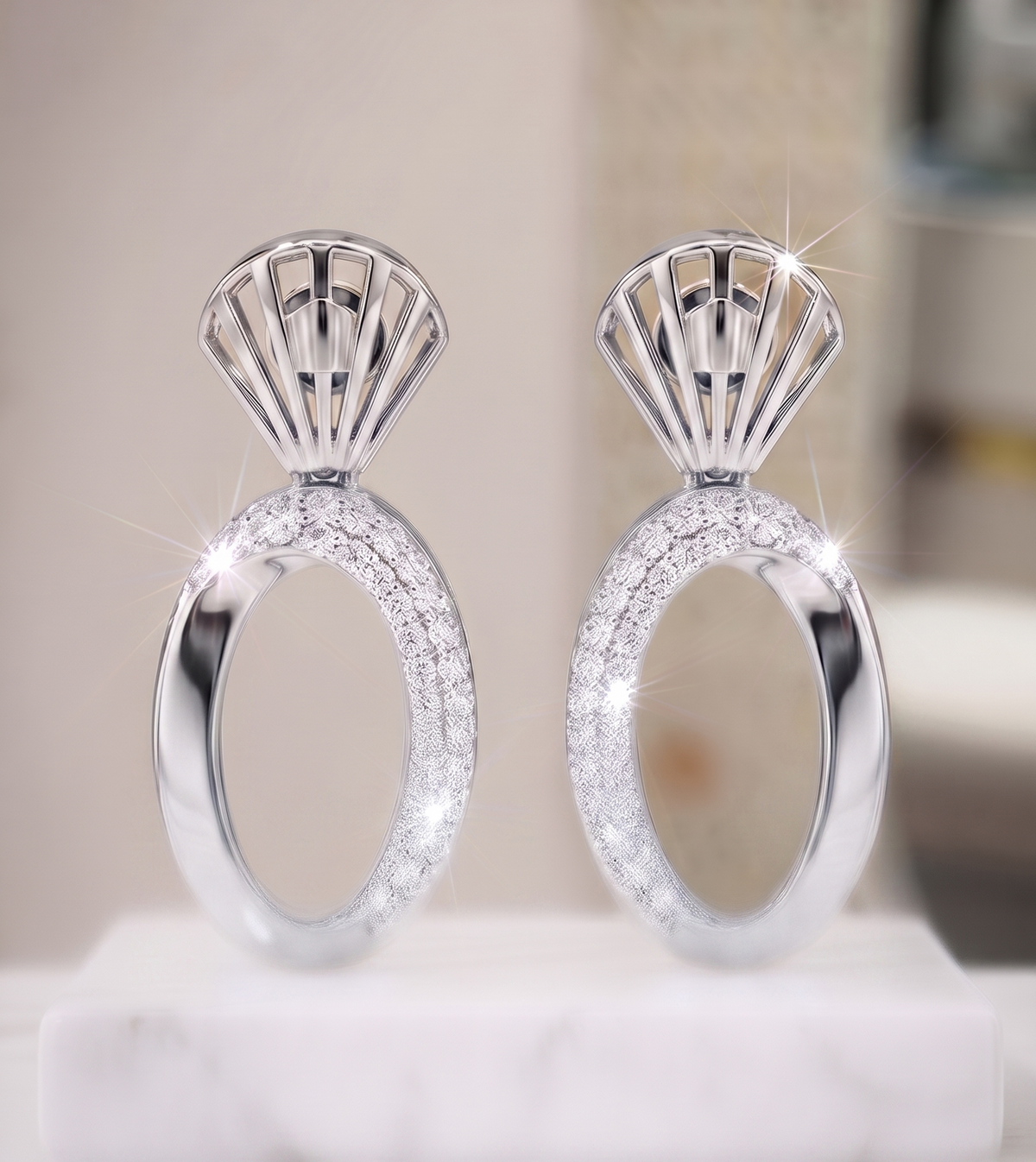 Modernist Crown & Stardust Oval Dangle Silver Earrings