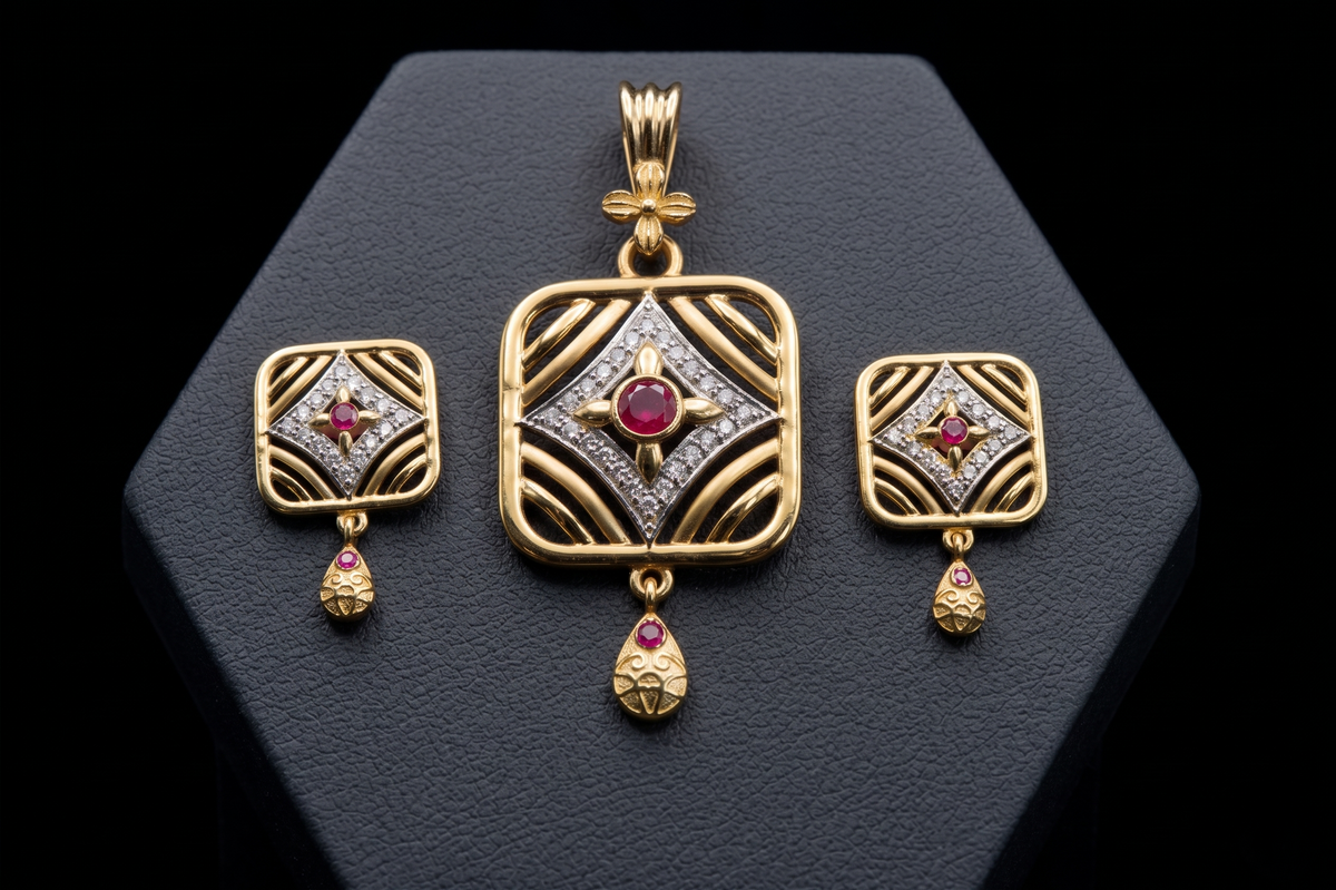 Silver Geometric Square Pendant Set with Red Gemstones