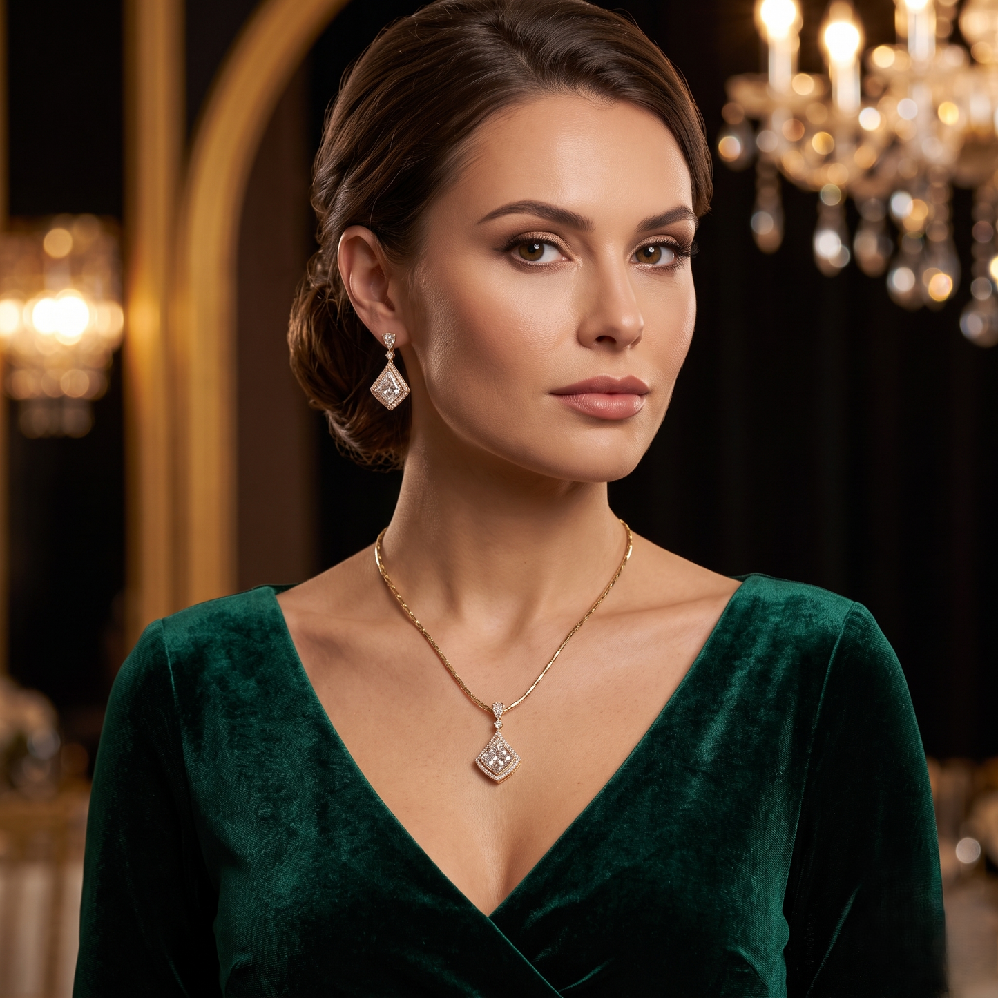 Sterling Silver Asscher-Cut Halo and Drop Pendant Set
