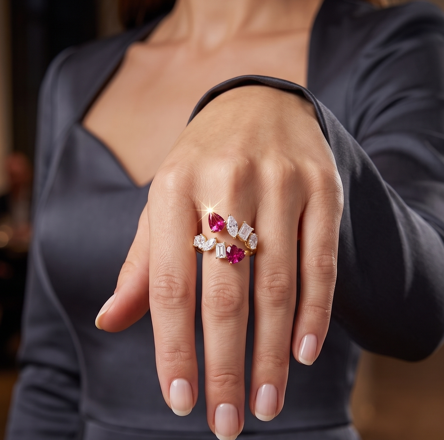 The "Crimson Romance" Multi-Stone Bypass Silver Ring